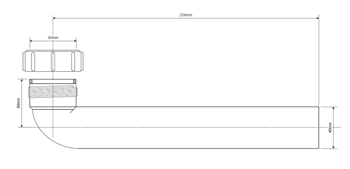 Technische Zeichnung eines 90-Grad Anschlussbogens für ein 40 mm Rohr mit Quetschverschraubung. Die Länge beträgt 254 mm. Material: Kunststoff, weiß